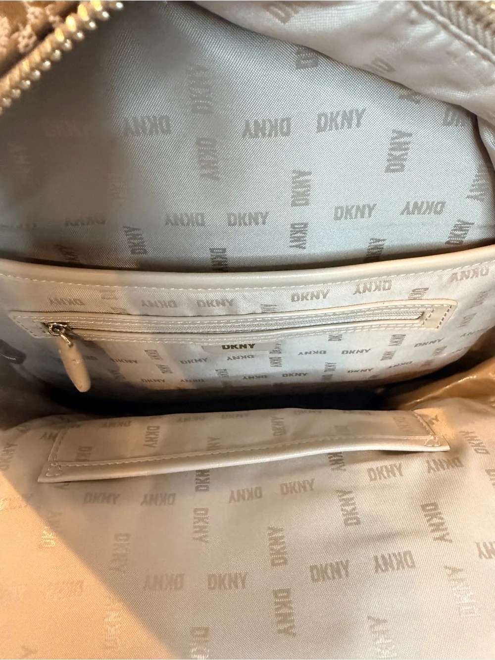DKNY Monogram Logo Carlita Canvas Backpack in Beige Brown